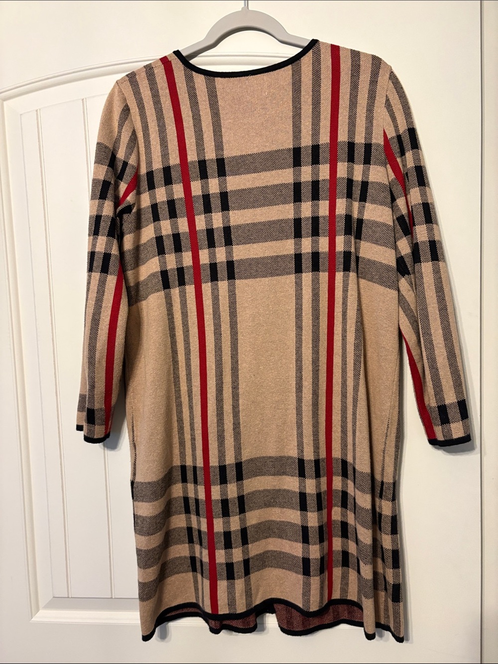 Anne Klein Beige Plaid Sweater with Black & Red Stripes Tan Black Red Plaid - Picture 5 of 5